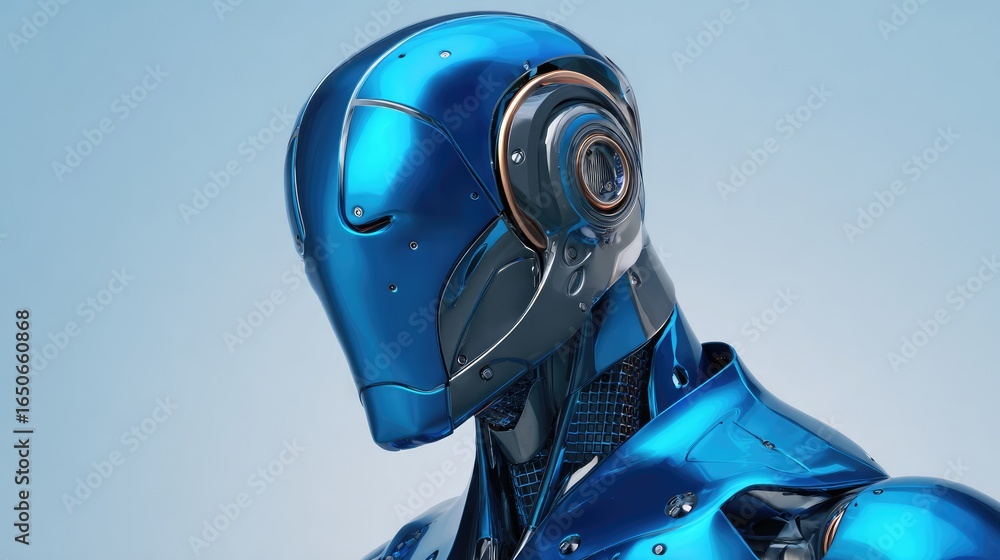 Poster futuristic and technological advanced robot with a sleek blue design and a smooth, reflective surfac