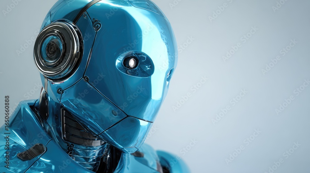 Poster a detailed look at a sleek, blue robot's face, filled with advanced technology and intricate design.