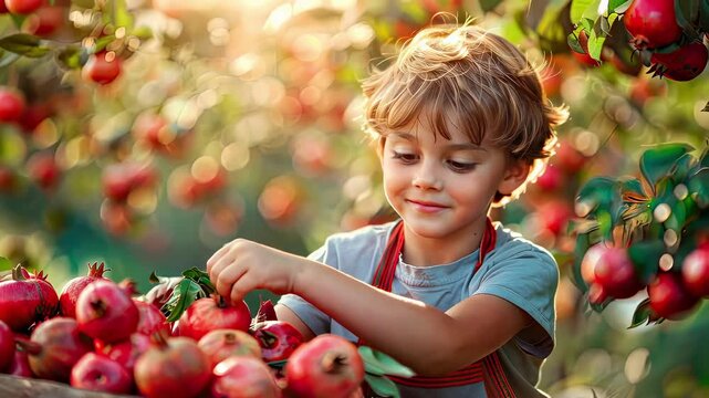 a child collects a pomegranate. Selective focus