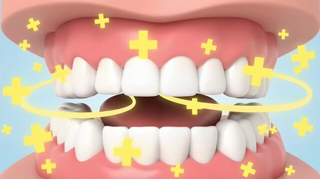Playful cross-section zoom of a smiling mouth as bad icons fade and glowing �plus� particles swirl around teeth, pastel health vibe