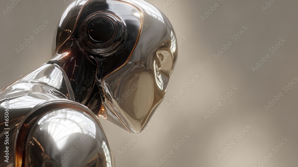 Poster futuristic and reflective metallic robot, exuding an air of technological advancement. the chrome-li