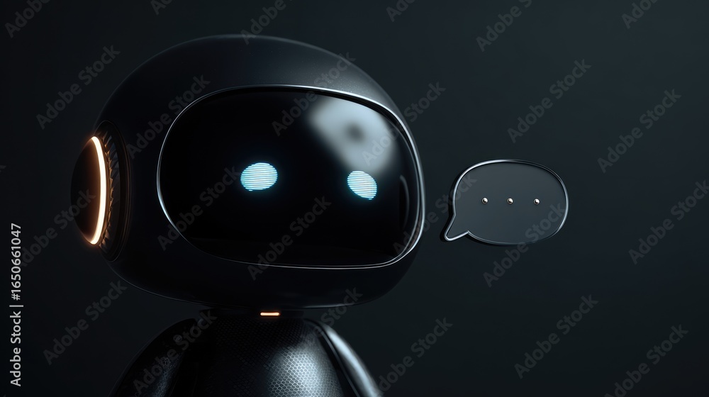 Poster a modern robot head with a speech bubble against dark background, representing communication and art