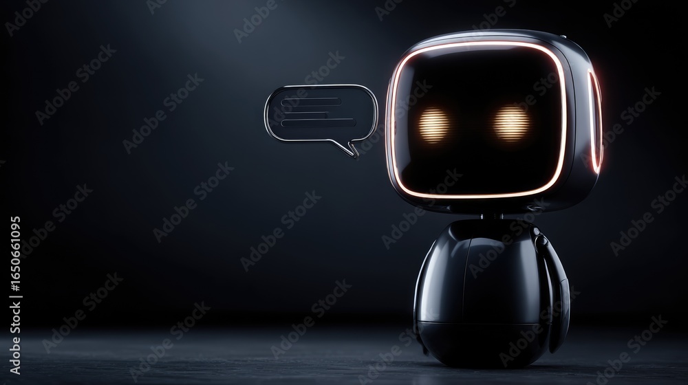 Poster a cute, shiny robot character with a speech bubble on a dark background. the robot has a friendly an