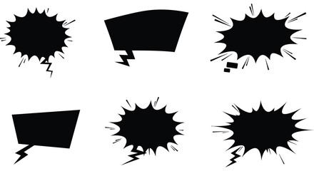 Collection of black comic book explosion and speech bubbles on white background