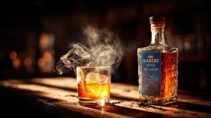 A meticulously captured shot of whiskey, glass, and bottle, with steam rising elegantly. The dark background intensifies the sense of class and savoring
