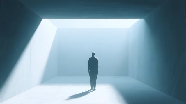Silhouette of a person standing in a brightly lit corridor with converging light beams.