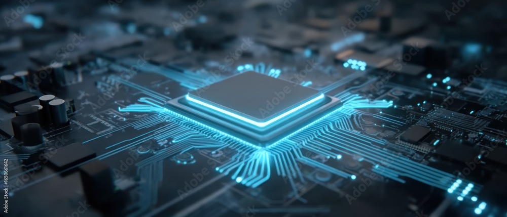 Poster glowing processor on a circuit board