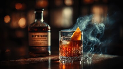 a sophisticated cocktail with a citrus garnish, with bottle beside it on a table 