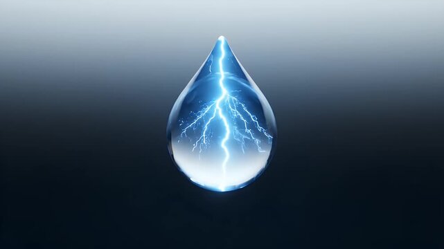 Futuristic motion graphic of a blue lightning bolt charging inside a water droplet that bursts into sparkling hydration particles