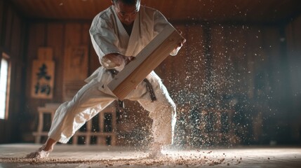 Karate Practitioner Breaking Board with Perfect Precision Technique