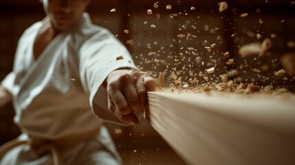 Karate Practitioner Breaking Board with Precision Technique