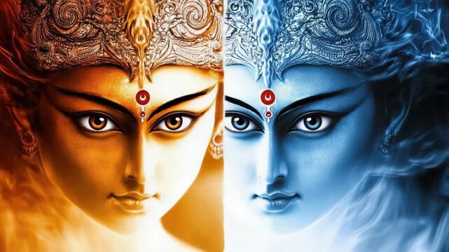 Divine duality depicts two halves of a face, each reflecting a different spiritual essence. Divine duality captures contrasting elements of light and shadow