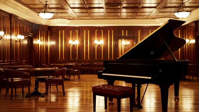 Elegant vintage jazz lounge interior with warm flickering lights, drifting dust, and subtle piano animation
