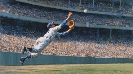 Outfielder Climbing the Wall for a Remarkable Baseball Catch