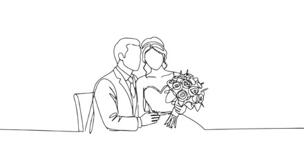 Outline drawing of a couple in wedding attire with bouquet transparent background