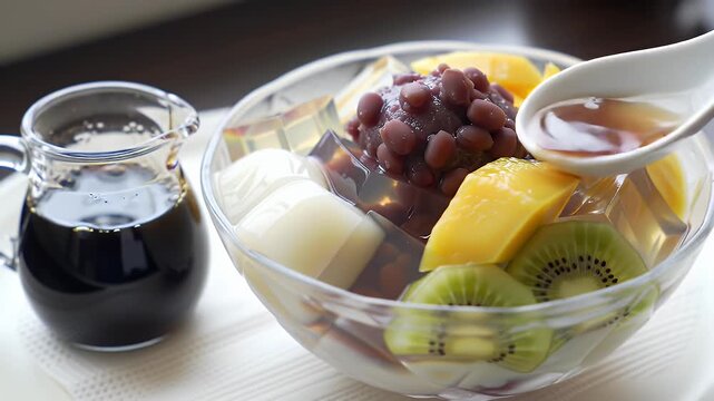 Delicious Anmitsu A Traditional Japanese Dessert Featuring Agar Jelly Mochi Azuki Bean Paste Kiwi and Mango Served in a Transparent Glass Bowl with a Pitcher of Dark Syrup Perfect for Ads