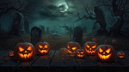 Fototapeta premium Concept illustration of a jack lanterns glowing in the moonlight, in a creepy Halloween night scene. Halloween Landscape - Table And Cemetery on A Creepy Night
