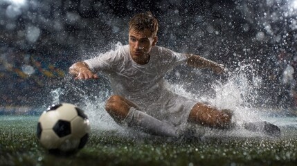 Soccer Player Executing a Slide Tackle on Wet Grass Field