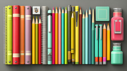 Obraz premium An array of colorful books, pencils, pens, erasers, and a ruler are neatly arranged on a gray surface, creating a vibrant and organized school supply scene.