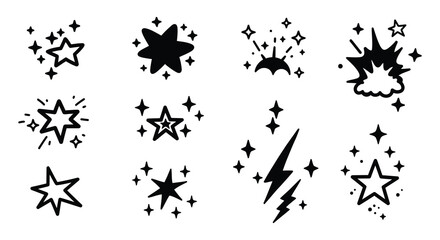 Collection of black star and explosion graphic design elements on white background