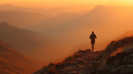 Runner on Mountain Trail at Sunset in Silhouette Against Horizon