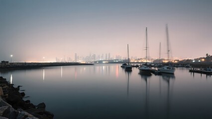 Sailboats at Dusk with City Skyline in the Background