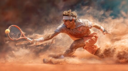 Tennis player performing a sliding defensive shot on clay court
