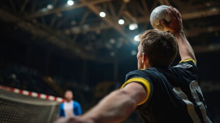 Dynamic Handball Player Jumping for Goal Shot in Action Moment