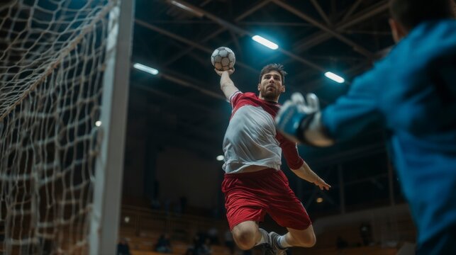 Dynamic Handball Player Jumping for Perfect Goal Shot in Action
