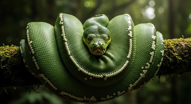 Emerald coils: A vibrant green tree python peacefully rests on a mossy branch