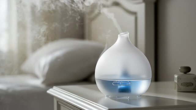 Aromatherapy diffuser releasing mist in a serene bedroom