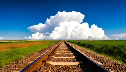 A straight railway track cuts through a vibrant green and brown field, leading towards a large, dramatic cumulus cloud under a clear blue sky.