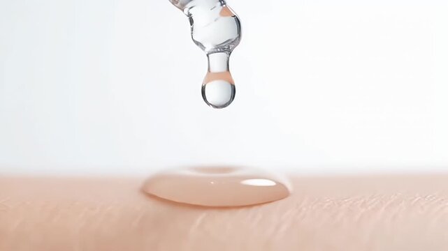 Macro dropper releases a serum droplet onto skin; it spreads and absorbs with a soft glow, smooth gentle repair feel