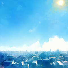青空と太陽に包まれた大都市のパノラマ景観を水彩画風で描いたイラスト。明るく爽やかな雰囲気が特徴で、広告や壁紙、背景素材として活用しやすい抽象的かつ印象的なデザイン。
