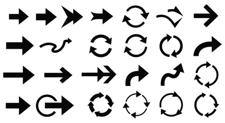 Collection of various black arrow icons on white background