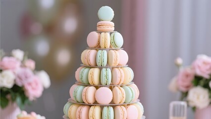 Tiered Pyramid of Pastel Macarons with Floral Background