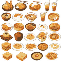 Diverse Culinary Delights A Colorful Illustration of Various Food Dishes and Beverages