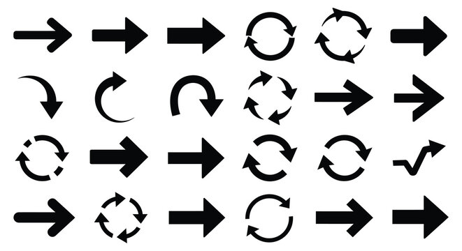 Collection of various black arrows and circular direction symbols on white background