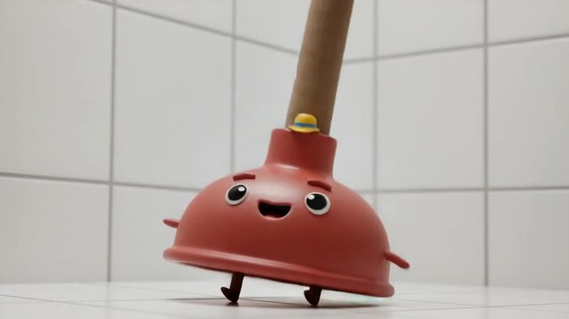 Cheerful cartoon plunger dancing in a bathroom setting