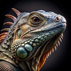 Fototapeta premium Detailed portrait of a green iguana head with dark background