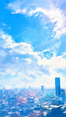 青空に太陽が輝く大都市の風景を水彩画風に描き、柔らかい質感と幻想的な空気感を演出したイラスト。抽象的な美しさが魅力で、デザインや壁紙に使える素材。