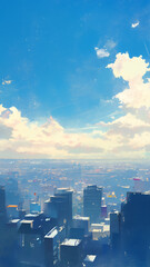 Fototapeta premium 青空に太陽が輝く大都市の風景を水彩画風に描き、柔らかい質感と幻想的な空気感を演出したイラスト。抽象的な美しさが魅力で、デザインや壁紙に使える素材。