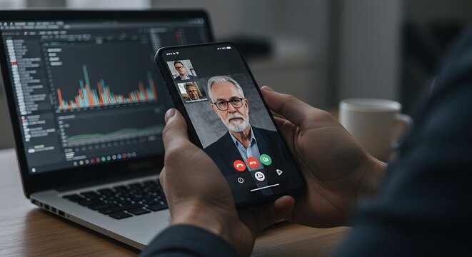 Business Video Call on Mobile Phone with Financial Data on Laptop