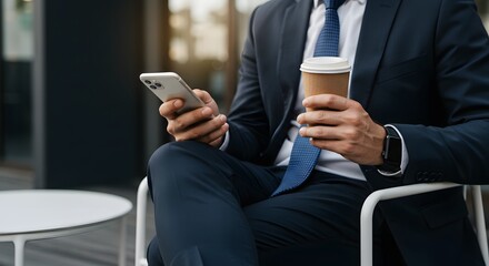 Businessman Using Phone and Drinking Coffee Outdoors