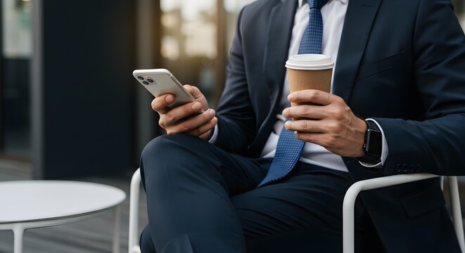 Businessman Using Phone and Drinking Coffee Outdoors