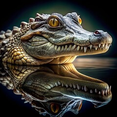 Fototapeta premium Close up of a crocodile head with yellow eyes and reflection