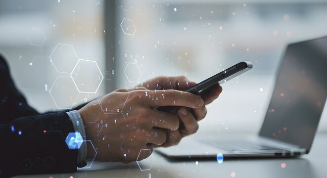 Businessman using smartphone with digital data overlay - Powered by Adobe