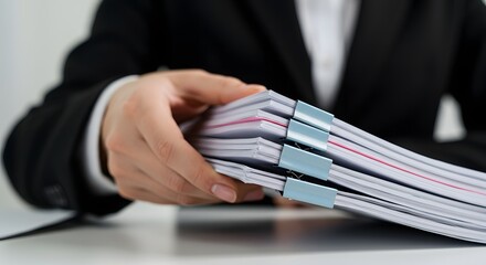 Businesswoman Holding Stack of Documents with Binder Clips