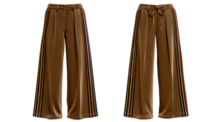 Wide leg pants with colorful stripe detail on the sides and drawstring