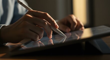 Close-up of hands using a digital tablet and stylus for creative work